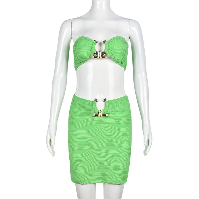 Color-Green-Tube Top Cropped Exposed Backless Wrap Chest Sexy Package Hip Skirt Set Women-Fancey Boutique