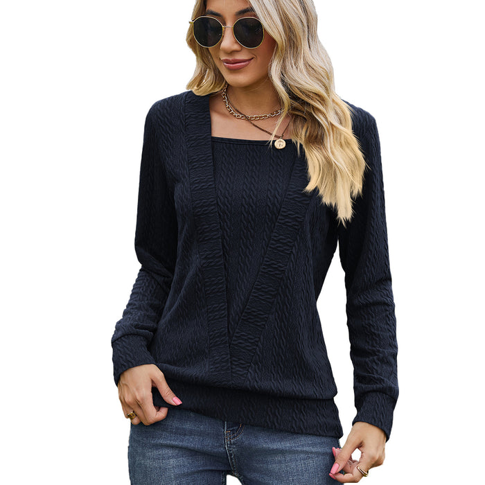 Color-Navy Blue-Autumn Winter Solid Color Square Collar Cross Loose Long Sleeved T shirt Top Women-Fancey Boutique