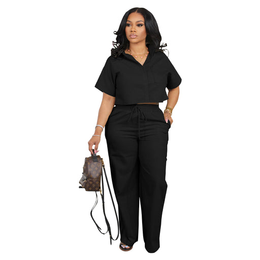 Women Clothing Suit Shirt Short Sleeved Two Piece Set Linen Casual Office Office Summer Sports Pants-Black-Fancey Boutique