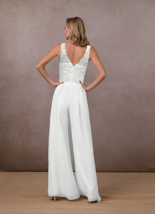 Jumpsuit Lace Chiffon Jumpsuit V neck Mid Waist White Trousers Wide Leg Pants-Fancey Boutique