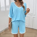 Spring Summer Women Clothing Casual Loose V neck Sweater Set-Blue-Fancey Boutique