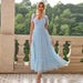 Color-Skyblue-Fashionable Women Clothing Evening Dress Lace up Shoulder Pleated Hem Mesh Dress-Fancey Boutique