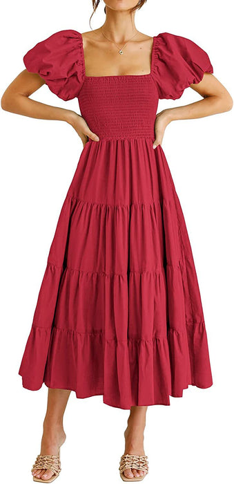 Color-Red-Summer Women Clothing Square Collar Backless Puff Sleeve Pleated Short Sleeves Dress-Fancey Boutique