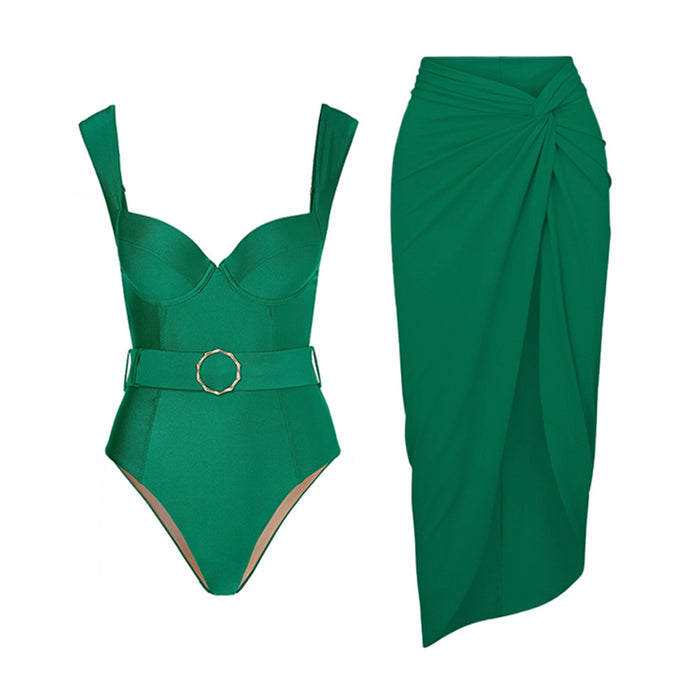 Solid Color One Piece Swimsuit Women Vacation Suit Skirt Swimsuit-Green Double Shoulder Swimsuit Suit-Fancey Boutique