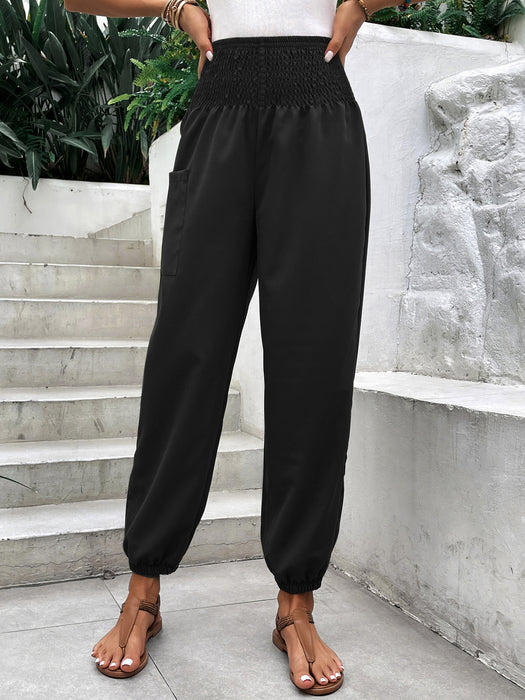 Color-Black-Women Clothing Elastic Waist High Waist Wide Leg Ankle Length Pants-Fancey Boutique