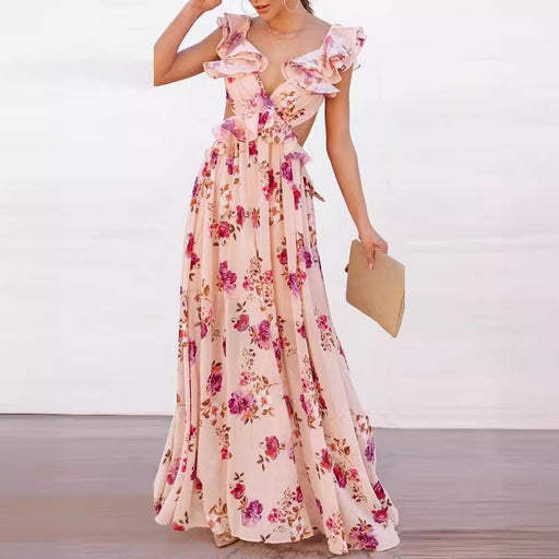 Arrival Women Floral Printing off the Shoulder Stitching Backless Summer Maxi Dress-Fancey Boutique