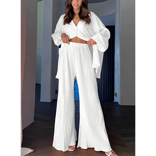 Color-White-Spring Summer Women Solid Color Pleated Single Breasted Top High Waist Wide Leg Bell Bottoms Homewear Suit-Fancey Boutique