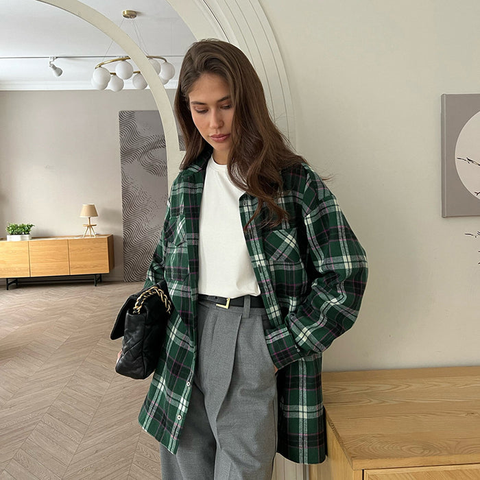 Autumn Casual Green Loose Lapels Plaid Shirt Russian Long Office Minimalist Cardigan Women Clothes