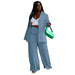 Color-Gray Blue-Spring Autumn Solid Color Long Suit Women Top Slim Fit Wide Legged Pants Suit-Fancey Boutique