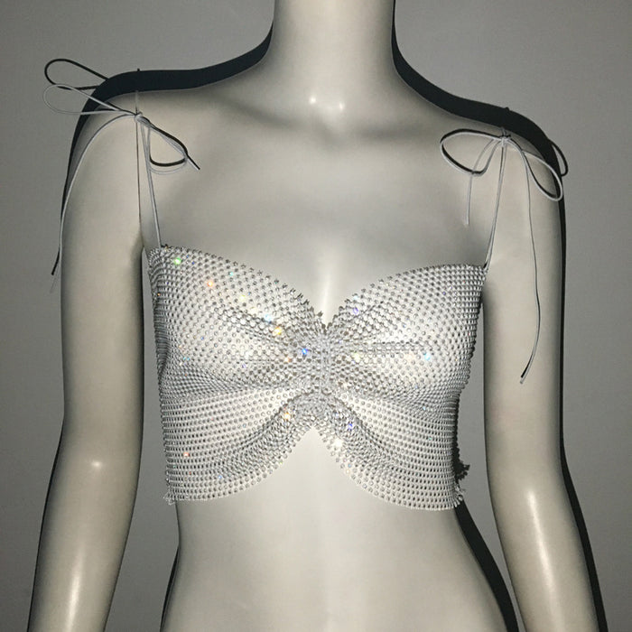 Color-White-Autumn Winter Sexy Hollow Out Cutout Sexy Rhinestone Chest-Wrapped Mesh Rhinestone Fishnet Sling Sexy Top-Fancey Boutique