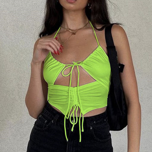Color-Green-Summer Women Wear Top Drawstring Hollow Out Cutout out Strap U Collar Slim Fit Inner Wear Small Vest for Women-Fancey Boutique