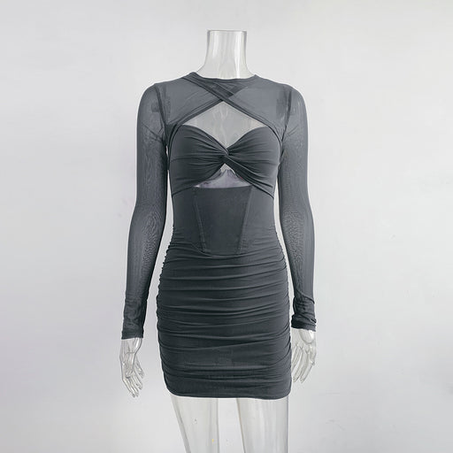 Sexy Sling Hollow Out Cutout Irregular Asymmetric Stitching Mesh Long Sleeve Hip Dress Long Sleeve Dress-Gray-Fancey Boutique