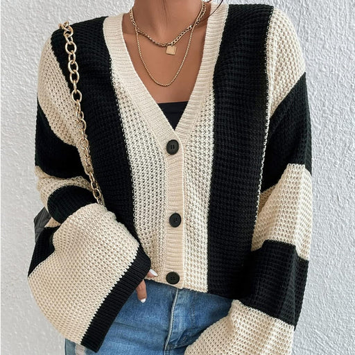 Top Product Autumn Winter Women Striped Contrast Color Bell Sleeve Knitted Cardigan Loose Sweater Coat Women-Fancey Boutique