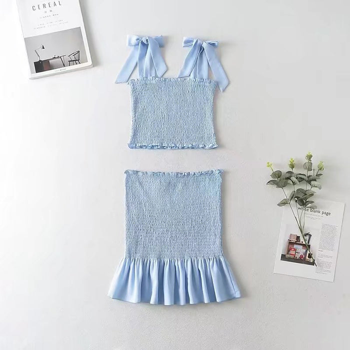 Color-Blue-Spring Autumn Elastic Wrapped Chest Camisole Hip Lotus Leaf Skirt Outfit-Fancey Boutique
