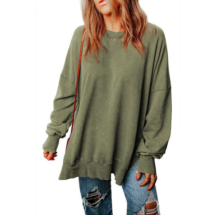 Color-Green-Simple Solid Color Loose Pullover Top Women Autumn Multicolor Minimalism All Matching Hoodie-Fancey Boutique