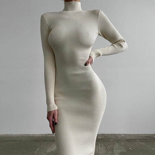 High Collar Mid Length Sunken Stripe Knitted Dress Women Solid Color Wool Tight Sexy Autumn Winter Dress-Fancey Boutique