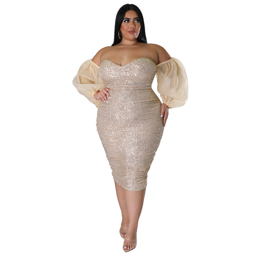 Color-Gold-Plus Size Sexy Sequ Dress Tube Top Mesh Solid Color Evening Dress Tight Sexy Hip-Fancey Boutique