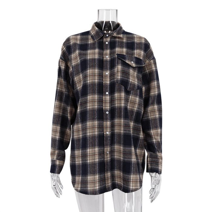 Autumn Winter Classic Retro Boyfriend Plaid Shacket Women All Match Loose Shirt-Blue-Fancey Boutique