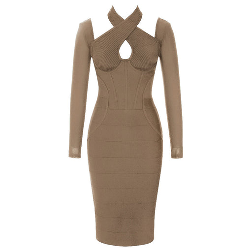 Simple Retro Long Sleeve Backless Halter Back Slit Dress Dress-camel-Fancey Boutique