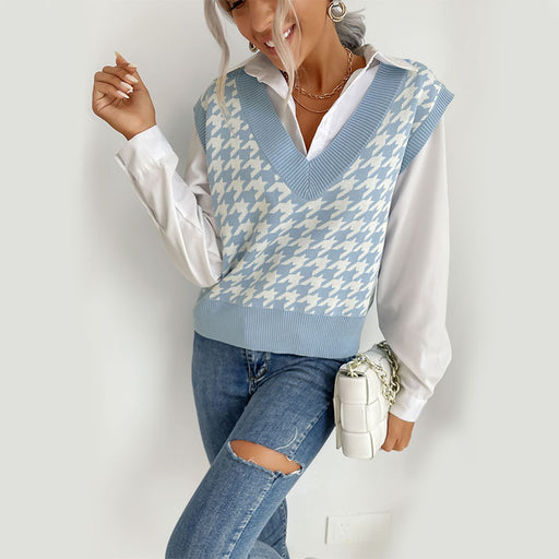 Color-Blue-Autumn Houndstooth V neck Women Sweater Vest Knitted Vest-Fancey Boutique