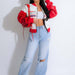 Color-Red-Faux Leather Printed Jacket Coat Couple Retro Hip Hop Loose All Match Baseball Racing-Fancey Boutique