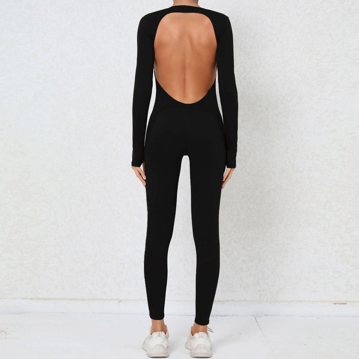 Color-Black-Finger Suit Sexy Backless Nude Feel Long Sleeve Yoga Jumpsuit High Strength Fitness Sports One Piece Tights-Fancey Boutique