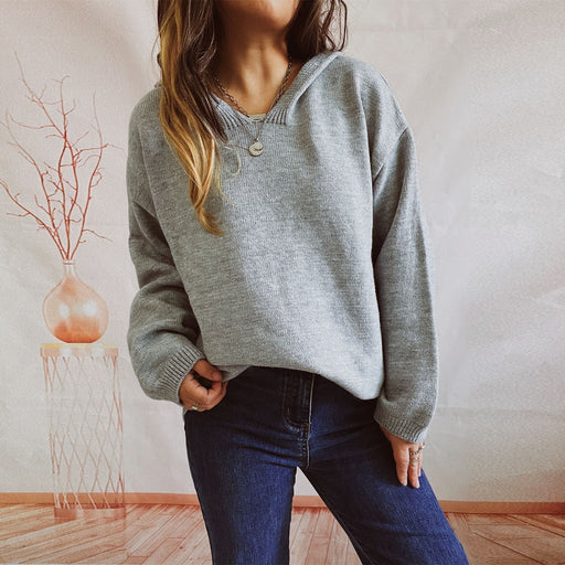 Color-Gray-Autumn Winter Solid Color Casual Loose Fitting Hoodie Long Sleeve Sports Knitted Pullover Sweater-Fancey Boutique