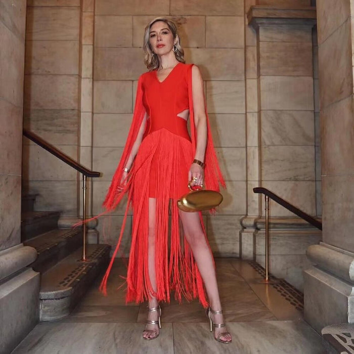 High End Women Clothing Tassel Red Dress Sexy V neck Side Cropped Outfit Sleeveless Cocktail Party Dress-Fancey Boutique