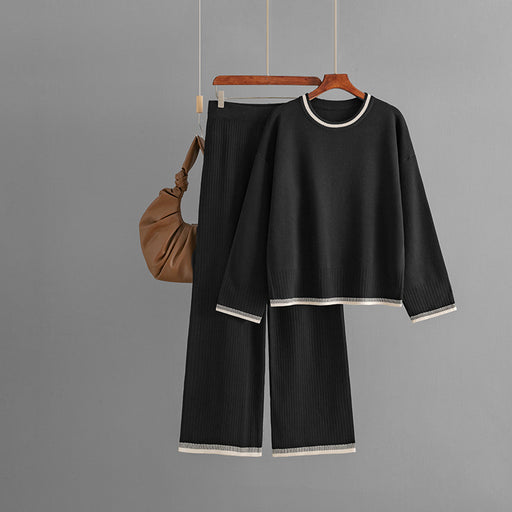 Color-Black-Knit Casual Suit Women Clothing Autumn Winter Contrast Color Long Sleeves Two Piece Set Women-Fancey Boutique