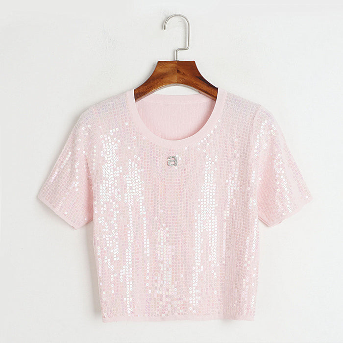 French Classic round Neck Top for Women Small Heavy Embroidery Sequ Short Short Sleeve Sweater-Pink-Fancey Boutique