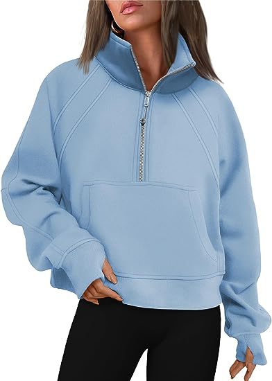 Color-Light Blue-Women Clothing Half Zipper Short Stand Collar Thumb Hole Brushed Hoody-Fancey Boutique