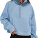 Color-Light Blue-Women Clothing Half Zipper Short Stand Collar Thumb Hole Brushed Hoody-Fancey Boutique