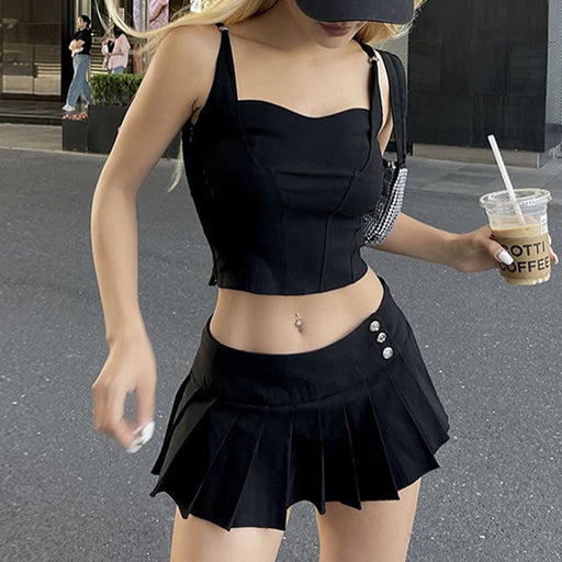 Solid Color Sexy Casual Two Piece Set Vest Camisole Button Pleated Skirt Outer Wear Street Sports Set-Black-Fancey Boutique
