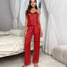 Color-Red-Artificial Silk Lace Edge Vest Pants Summer Women Sling Home Wear Comfortable Backless Two Piece Set-Fancey Boutique