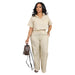 Women Clothing Suit Shirt Short Sleeved Two Piece Set Linen Casual Office Office Summer Sports Pants-Apricot-Fancey Boutique