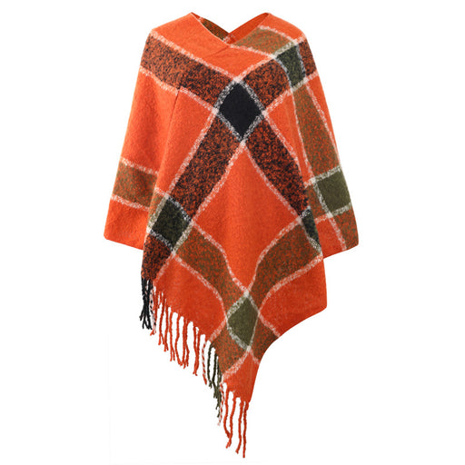 Color-Orange-Autumn Winter Cashmere Contrast Color Striped Cloak Knitted Tassel Scarf Shawl Women-Fancey Boutique