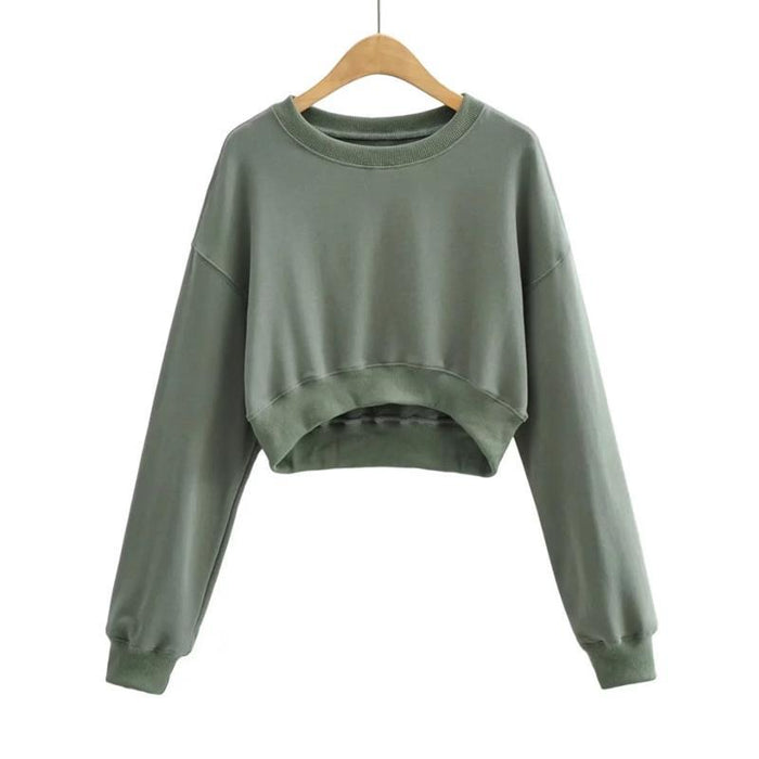 Color-Army Green-Autumn Profile Sweater Women Sweet Cool High Waist Cropped Sweatshirt Terry Pullover Crop Top Sweatshirt-Fancey Boutique