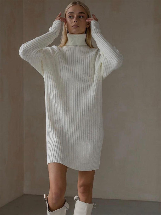 Long Sleeve High Collar Sweater Dress Women Casual Loose Thick Sunken Stripe Solid Color Sheath Autumn Winter Knitting Dress-White-Fancey Boutique