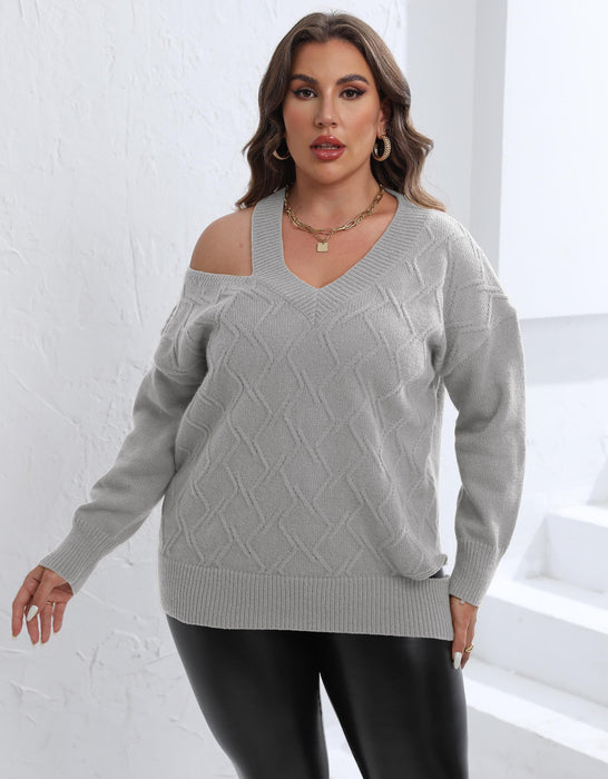 Color-Gray-Women Autumn Winter Pullover Top plus Size Women Clothes Personalized off Shoulder Woven Sweater V neck Sweater-Fancey Boutique