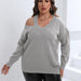 Color-Gray-Women Autumn Winter Pullover Top plus Size Women Clothes Personalized off Shoulder Woven Sweater V neck Sweater-Fancey Boutique