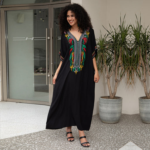 Cotton Embroidered Vacation Beach Blouse Maxi Dress Loose Robe Sun Protection Bikini Cover Up Blouse-Black-Fancey Boutique