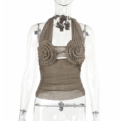 Color-Khaki-Autumn Elegant Pleated Special Chest Cup Mesh Stitching Halter Vest Top Women-Fancey Boutique