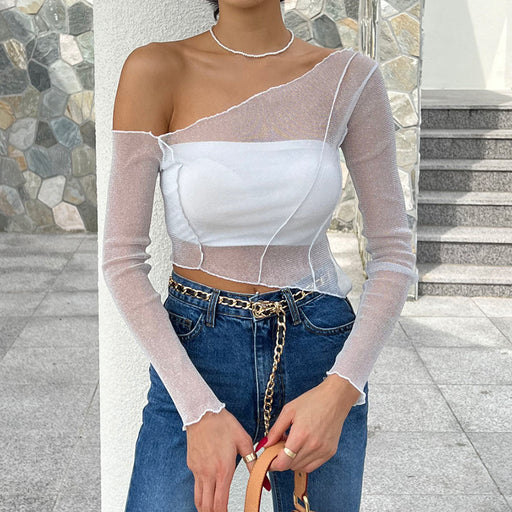 Color-White-Women Clothing Autumn Solid Color Oblique Shoulder Long Sleeve Mesh See through cropped Sexy Top-Fancey Boutique