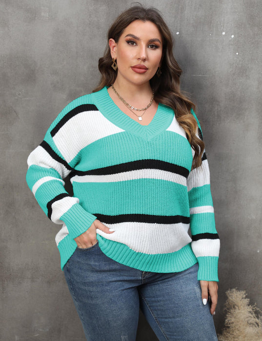 Color-Lake Green-Plus Size Women Pullover Sweater Women Clothing Autumn Winter V Collar Contrast Color Stitching Sweater-Fancey Boutique