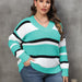 Color-Lake Green-Plus Size Women Pullover Sweater Women Clothing Autumn Winter V Collar Contrast Color Stitching Sweater-Fancey Boutique