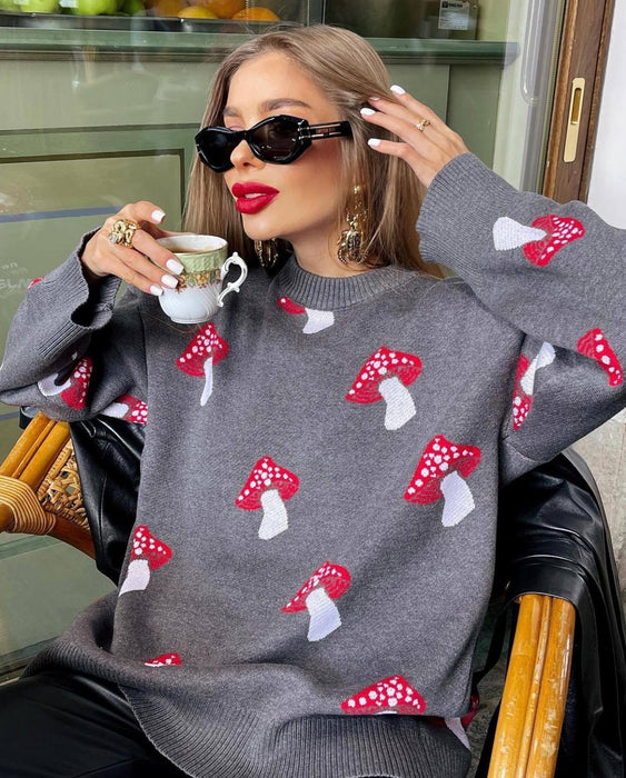 Casual Women Loose Lazy Mushroom Print Contrast Color Pullover Women Autumn-Gray-Fancey Boutique