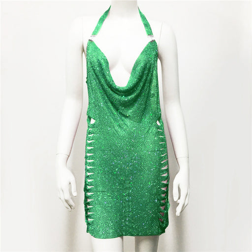 Women Clothing Popular Metal Rhinestone Dress Sexy Party Nightclub Halter Dress Women-Green-1-Fancey Boutique