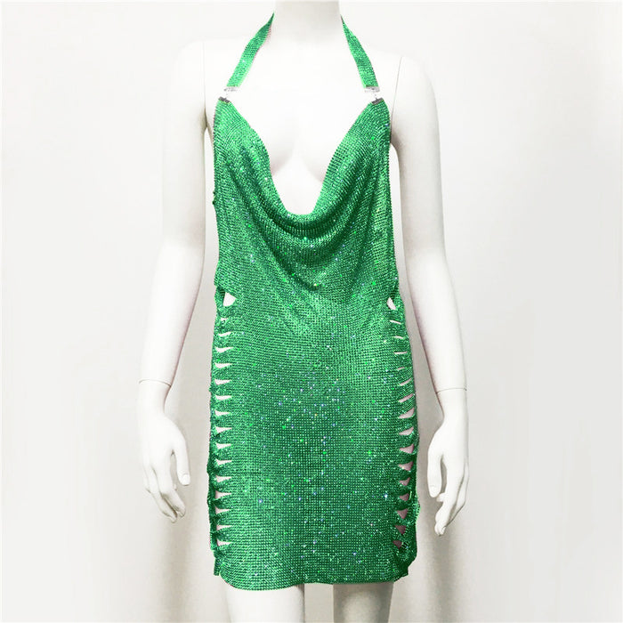 Women Clothing Popular Metal Rhinestone Dress Sexy Party Nightclub Halter Dress Women-Green-1-Fancey Boutique