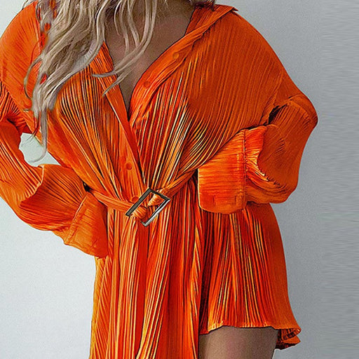 Color-Orange-Spring Summer Popular Fashionable Pleated Long Sleeved Shirt Belt Dress-Fancey Boutique