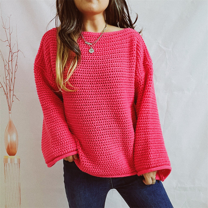 Color-Coral Red-Casual Loose Solid Color off Neck Knitted Long Sleeved Pullover Bottoming Thick Needle Sweater for Women-Fancey Boutique